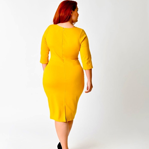 Unique Vintage Mod 60s Wiggle Pencil Dress mustard goldenrod yellow pinup - Picture 10 of 17